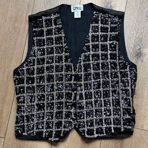 Vtg Theo Black Button Front Vest M Beaded Sequins Flashy Fancy